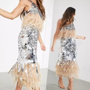 Sequin Midi Skirt W Faux Feather Hem